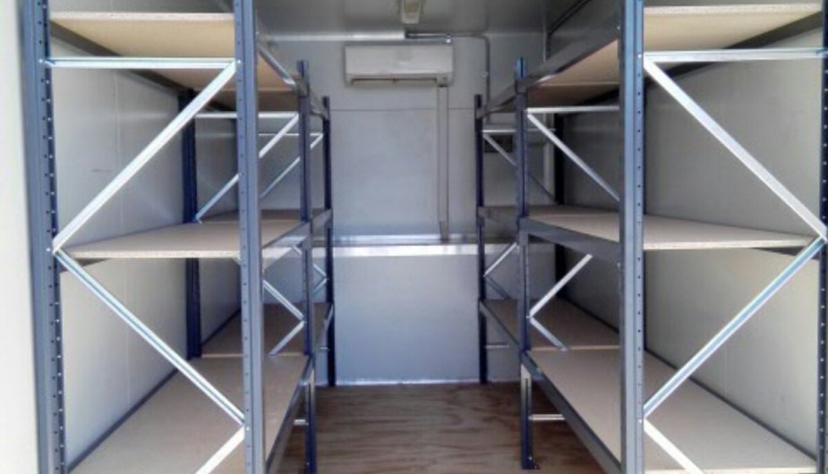 Storage container with shelving lights air conditioning
